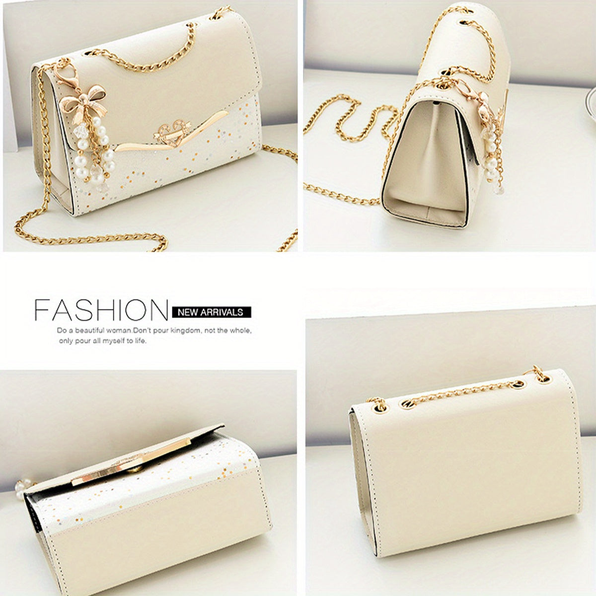 Women's White Crossbody Bag with Golden-Tone Chain Strap, & Bow Charm Accents - Lightweight Clutch Purse for Work, Travel, Beach - Perfect Gift for Christmas, Birthdays, Mother’s Day, Crossbody Purse, Beach Accessory, Decor