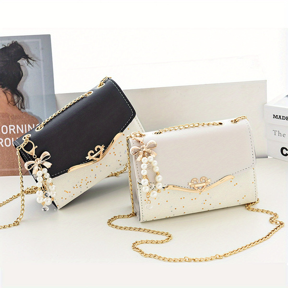 Women's White Crossbody Bag with Golden-Tone Chain Strap, & Bow Charm Accents - Lightweight Clutch Purse for Work, Travel, Beach - Perfect Gift for Christmas, Birthdays, Mother’s Day, Crossbody Purse, Beach Accessory, Decor
