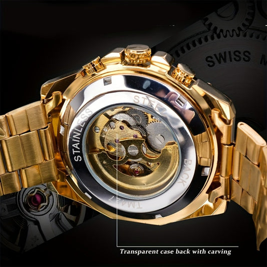 Stylish Men's Automatic Mechanical Watch - Stainless Steel Case & Band, Classic Double Hollow Design, Perfect Gift