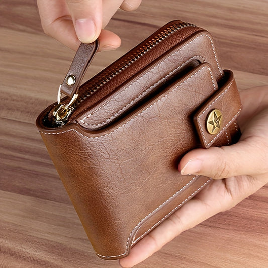 Men's Sleek Faux Leather Wallet with Tree Pattern - Compact Zippered Credit Card Holder & Coin Purse, Light Brown