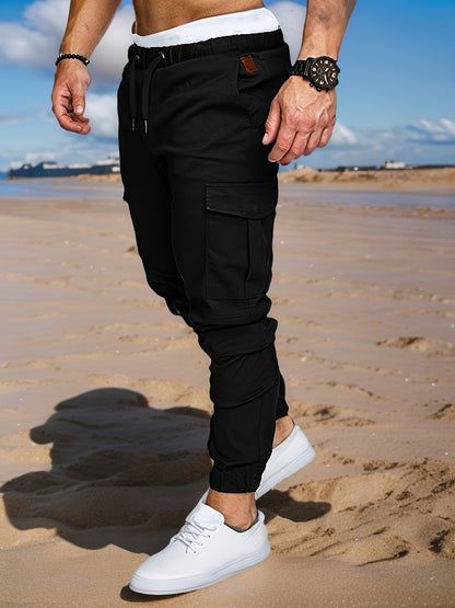 Men'S Casual Cargo Pants, 95% Cotton 5% Spandex, Skinny Fit, Solid Color, Long Length, Woven Fabric, Non-Stretch, with Pockets, 215g/m² Weight