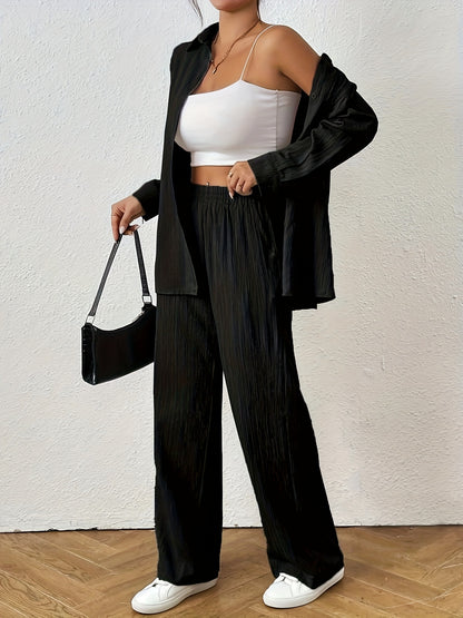 2pcs Women Spring & Autumn Casual Solid Color Long Sleeve Shirt And Pants Set