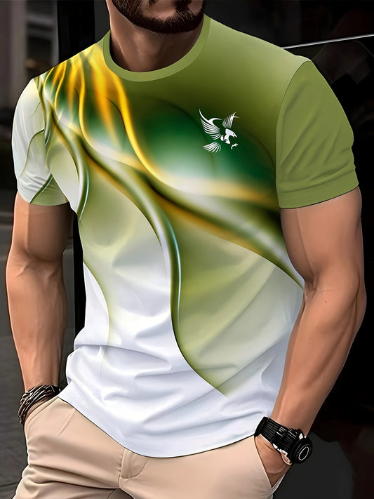 Men'S Round Neck T-Shirt with a Simple Multicolored Bird Pattern Print in Trendy Style.