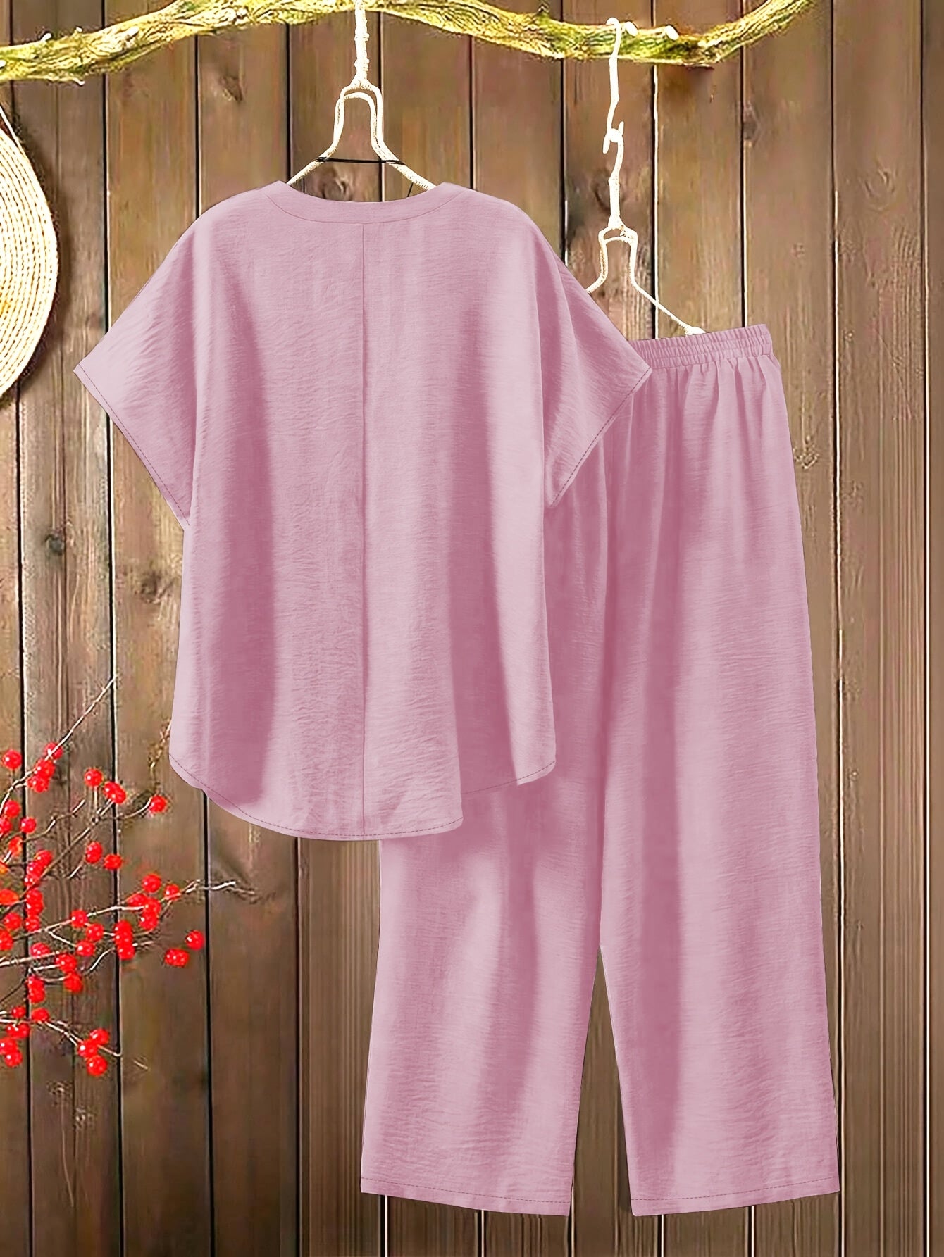 Women'S Solid Color V-Neck Short Sleeve Shirt with Elastic Waist Wide-Leg Pants Two-Piece Set