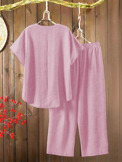 Women'S Solid Color V-Neck Short Sleeve Shirt with Elastic Waist Wide-Leg Pants Two-Piece Set