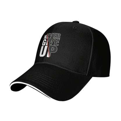 1 Pack Never Give Up Print Baseball Cap - Adjustable Snapback Dad Hat with Breathable Mesh Back, Funky Unisex Trucker Hat for Outdoor Fishing Driving, Black with White & Red Lettering, One Size Fits Most (53.34-63.5 cm)