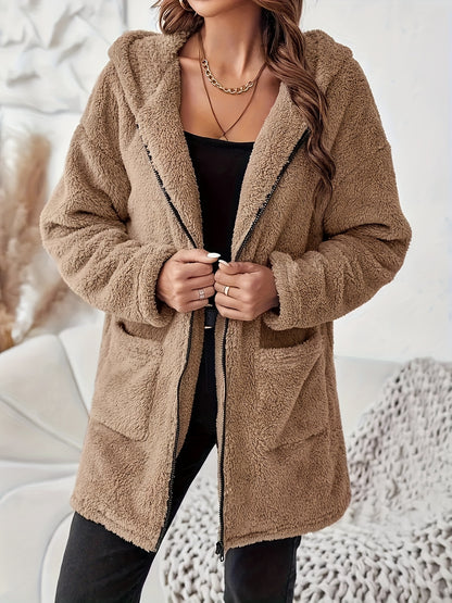 Women's Winter Elegant Solid Color Zipper Patch Pocket Long Sleeve Plush Hooded Coat