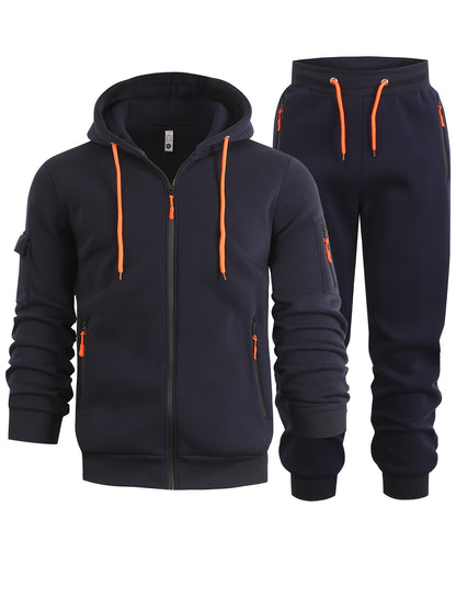 2pcs Men's Solid Color Hooded Long Sleeve Sweatshirt and Jogger Set, Suitable for Spring, Autumn, and Winter Sports Casual Outfit