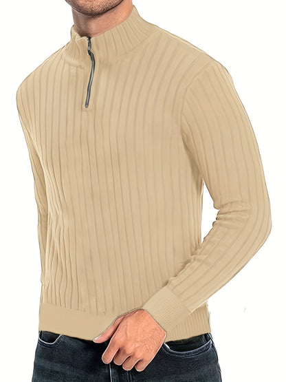 Men'S Casual Polyester Sweater, Solid Color, High Neck Quarter Zip, Long-Sleeved Pullover, Regular Fit, 100% Polyester Knit Fabric, 230g/m² - Fall/Winter Essential