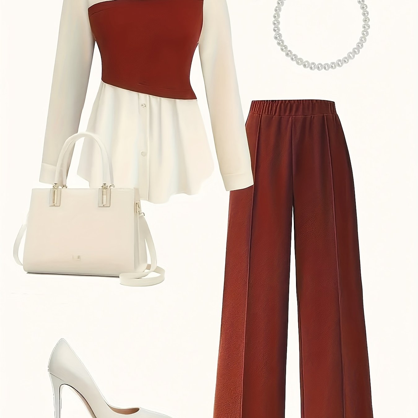 Elegant daily commuting two-piece set for ladies, featuring a color-blocked and pieced-together shirt and wide-leg trousers, suitable for all four seasons and machine washable.