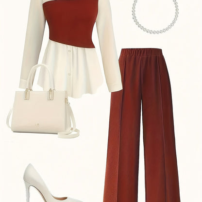 Elegant daily commuting two-piece set for ladies, featuring a color-blocked and pieced-together shirt and wide-leg trousers, suitable for all four seasons and machine washable.