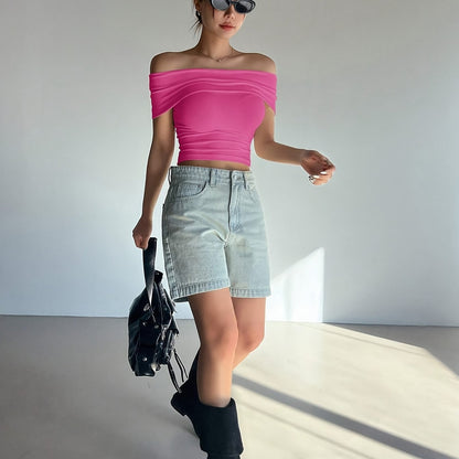 Chic Comfort| Elegant Women's Light Pink Off-Shoulder Ruched Crop Top - Slim Fit, Solid Color, Polyester & Elastane Blend, Machine Washable for Summer, Casual Wear|Chic Offshoulder Top|Delicate Texture