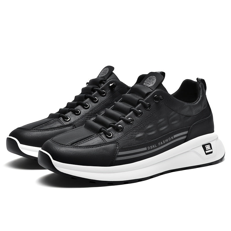 Men's Breathable Casual Sneakers - Comfortable, Versatile & Stylish Shoes for Running, Sports & Casual Attire, Black with White Accents, PU Upper & PVC Sole, Round Toe, Lace-Up Design, All-Season Use
