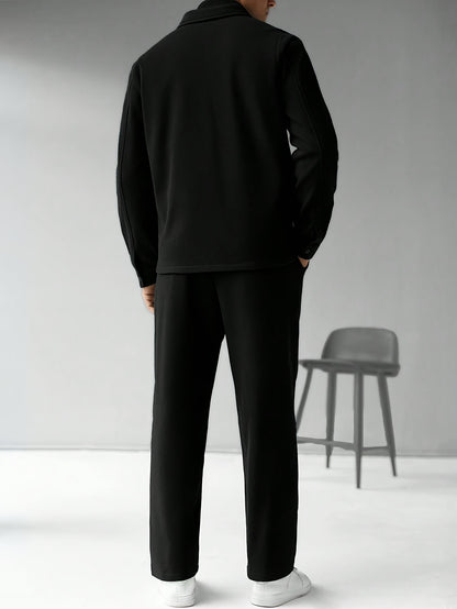 Men'S Two-Piece Casual Outfit - Black Button-Up Shirt & Pants, Long Sleeve, Loose Fit, Non-Stretch Fabric, Perfect for Spring/Fall, Casual Attire|Relaxed Fit|Buttonup Shirt