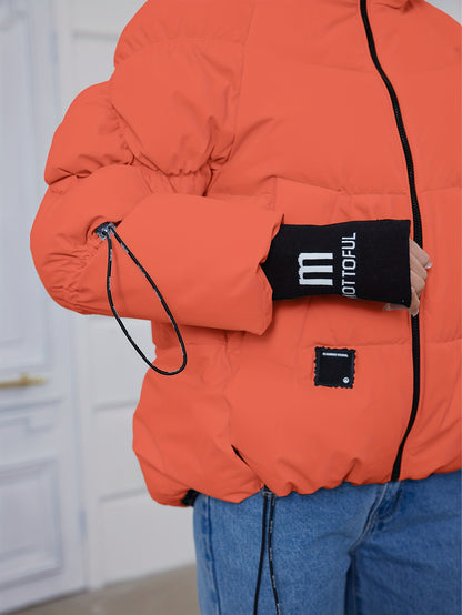 Women's Stylish Beige Puffer Jacket - Casual Warm Winter Coat with Black Trim, Long Sleeves & Zippered Hood, Polyester Fabric for Outdoor Comfort