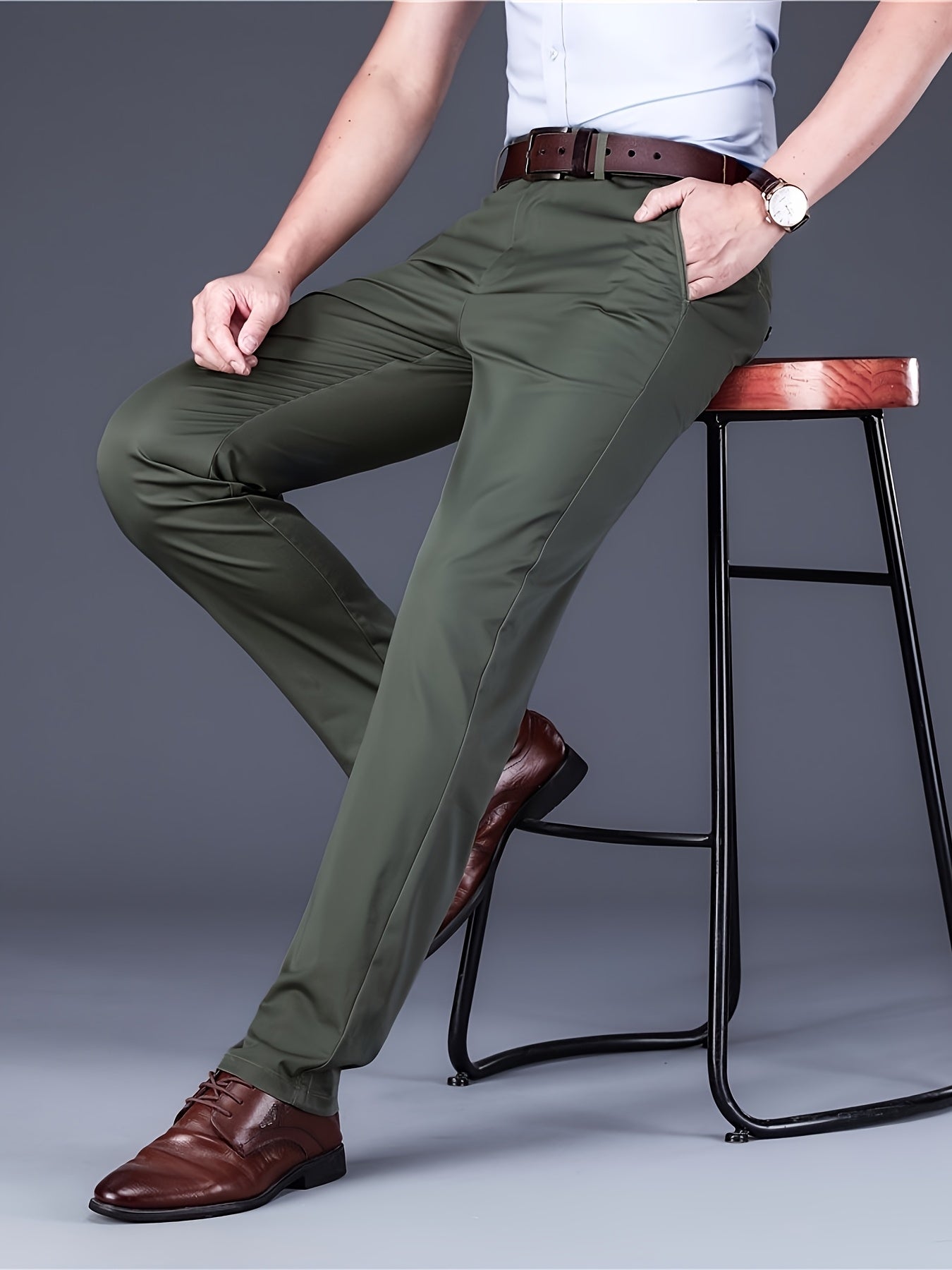 [Durable Build] Men's All-Season Casual Dress Pants - Business Style Stretch Trousers, Comfortable Classic Design, Light Brown Polyester Blend, Machine Washable, Smooth Finish, Regular Fit for Office or Leisure Wear