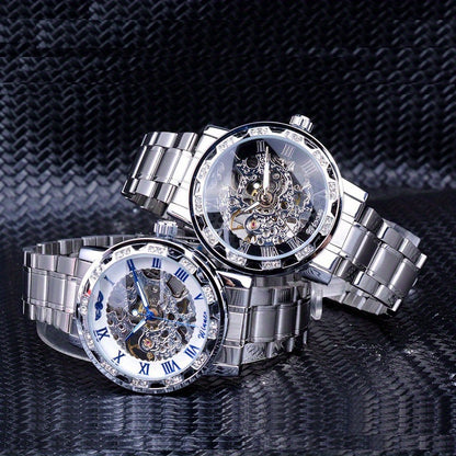 Fashion Classic Roma Watch Men Luxury Golden Skeleton Mechanical Hand Watches Casual Business Wristwatches Men Blue & Golden Accents, Casual Yet Versatile, Best Seller, Ideal Gift, Mechanical Movement, Watch Accessories, With
