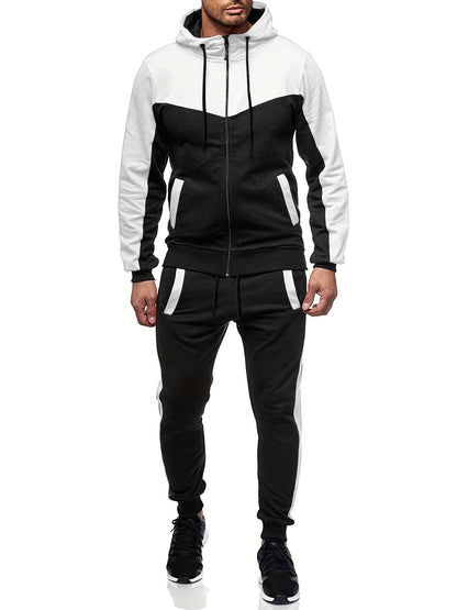 Men'S Casual Hoodie Set for Autumn And Winter, Featuring a Hooded Sweatshirt And a Sporty Cardigan in a Patchwork Design.