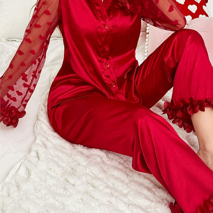 Elegant Women'S Lace-Trimmed Long Sleeve Pajama Set - Vibrant Red V-Neck Loungewear with Floral Lace Detail, Soft Polyester Blend for All Seasons