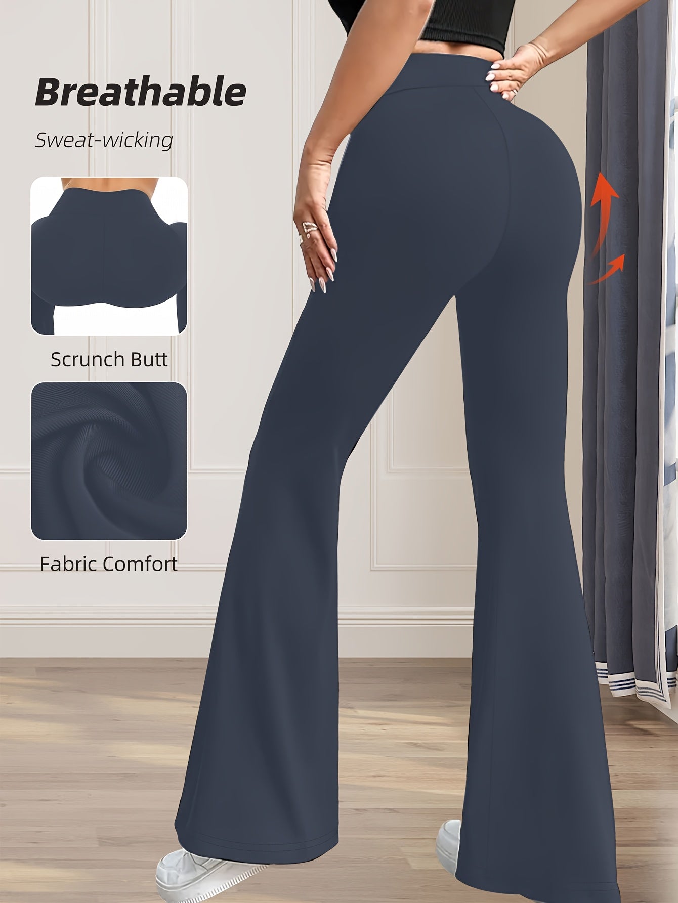 High-Waisted Flared Leggings for Women - Stretchy Black Polyester Pants with Tummy Control, Slimming Fit, and Breathable Design for Spring/Summer/Fall Casual Wear, Spring Summer Leggings | Fitted Leggings | Elastic Waistband