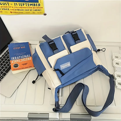 Trendy Nylon Messenger Bag - Casual Japanese-Inspired Shoulder Bag with Adjustable Strap, Large Capacity, Multi-Pocket Design for School & Sports, Blue & White