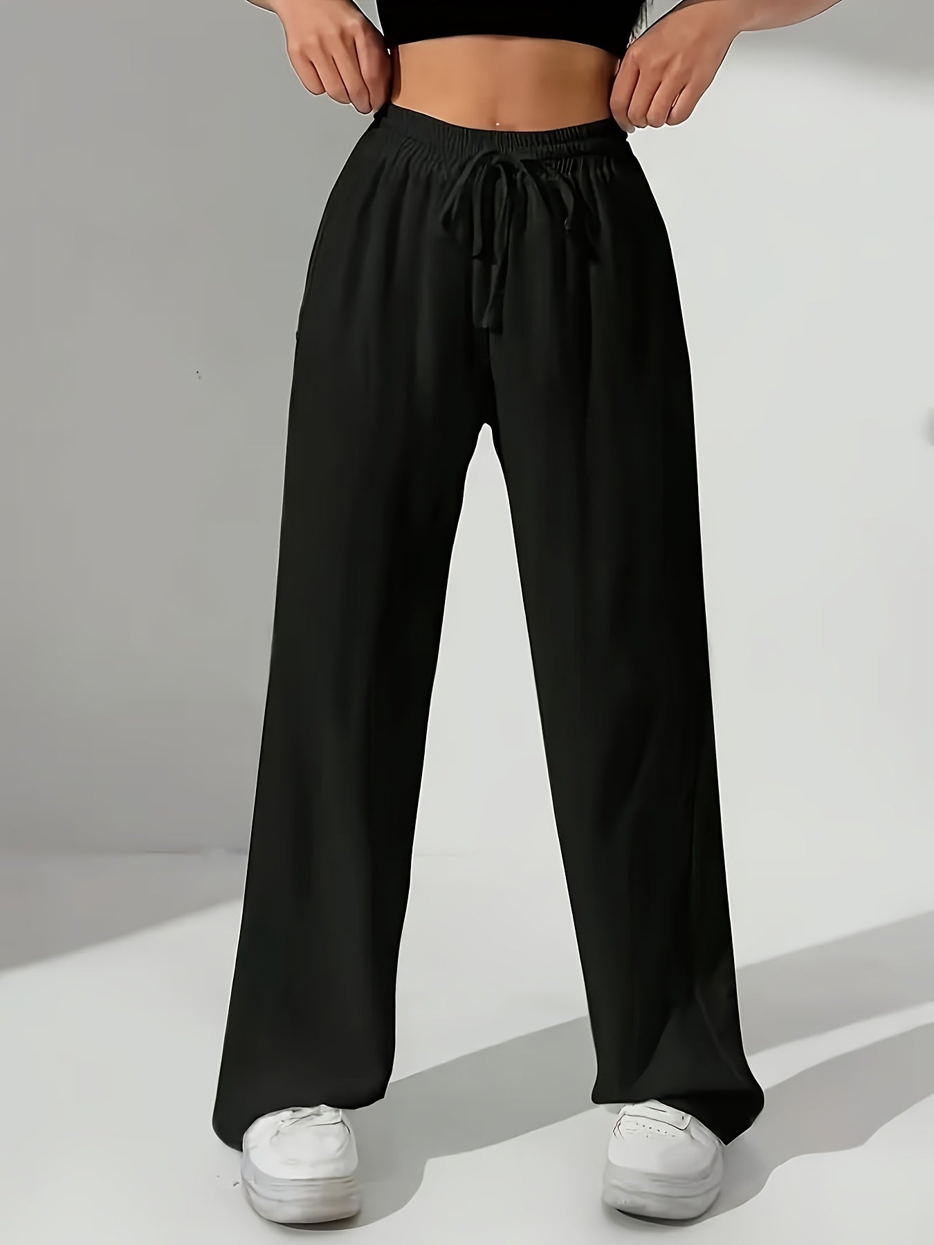 Women'S Stylish Black Wide-Leg Pants with Elastic Waistband - Casual All-Season Drawstring Pockets, Perfect for Weekends and Casual Attire, Casual Attire Pants|Wide Leg Fashion|Elastic Waistband Pants