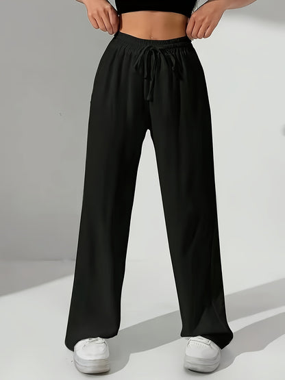 Women'S Stylish Black Wide-Leg Pants with Elastic Waistband - Casual All-Season Drawstring Pockets, Perfect for Weekends and Casual Attire, Casual Attire Pants|Wide Leg Fashion|Elastic Waistband Pants