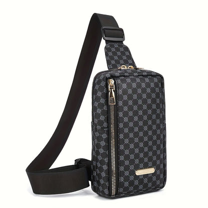 Men'S Classic Black PU Crossbody Bag with Geometric Pattern, Key Holder, Zipper Closure, Polyester Lining, Urban Style, Commuter Bag|Geometric Pattern Bag|Zippered Closure Bag