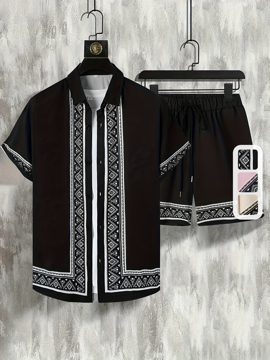 Men'S Two-Piece Set Consisting of a Casual Short-Sleeve Button-Up Shirt And Drawstring Pants, Perfect for Summer Wear.