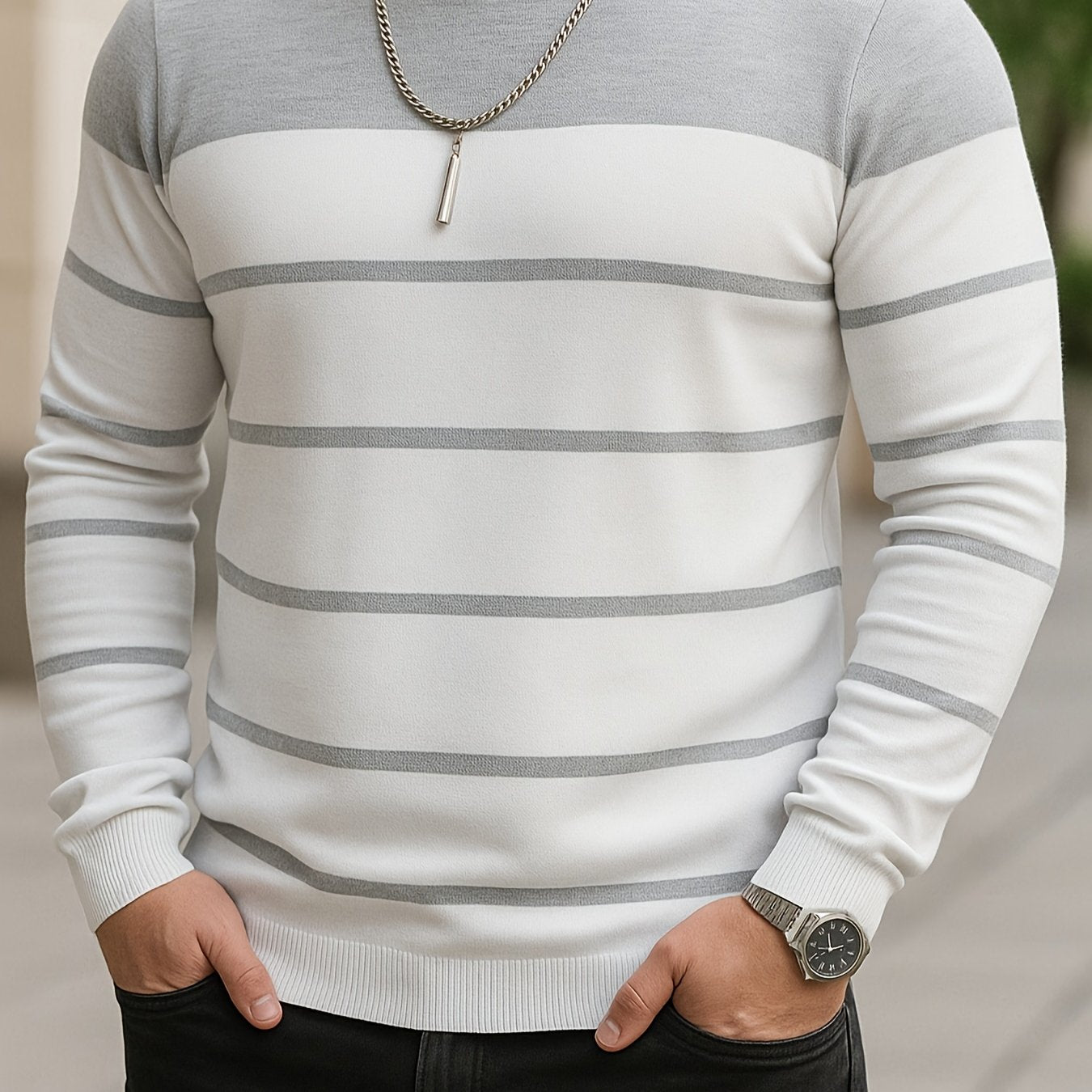 Men's Slim-Fit Striped Knit Sweater - All-Season Business Casual & Casual Attire, Navy Blue/White Horizontal Stripes with Contrast Trim, Round Neck Long Sleeve Pullover, Multi-Color Options (Black/Beige/Light Brown/Navy) - Co
