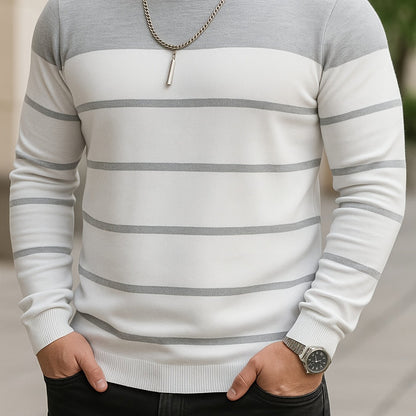 Men's Slim-Fit Striped Knit Sweater - All-Season Business Casual & Casual Attire, Navy Blue/White Horizontal Stripes with Contrast Trim, Round Neck Long Sleeve Pullover, Multi-Color Options (Black/Beige/Light Brown/Navy) - Co