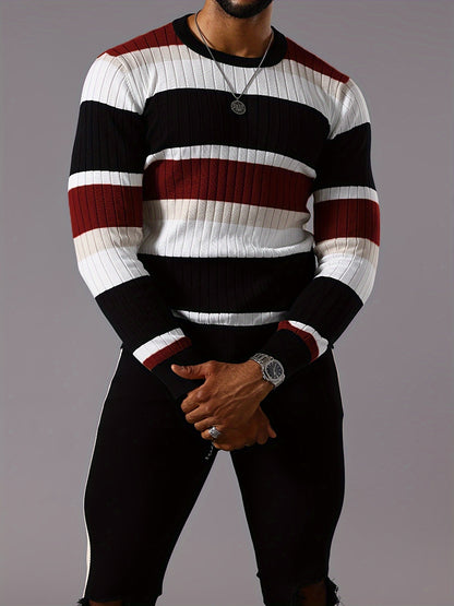 Men's Striped Color-Block Ribbed Knit Sweater - Long Sleeve Round Neck Pullover with Elastic Comfort Fit, Machine Washable Casual Fall Winter Top in Black/White/Green/Beige, Knit Sweater, Medium Elasticity