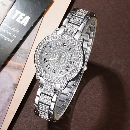 Fashionable Women's Quartz Watch Set With Rhinestones - Stainless Steel Band, Round Zinc Alloy Case, Pointer Display, Non-Rechargeable Battery - Includes Elegant Bracelet, Timer Function - 4 Piece Gift Set For Valentine's, Ea