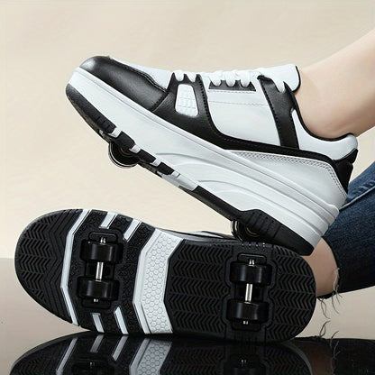 Boys' Fashion Roller Skate Footwear - Non-Slip Dual Wheel, Lace-Up with Durable Buckle Straps, Black & White, Suitable for All Seasons