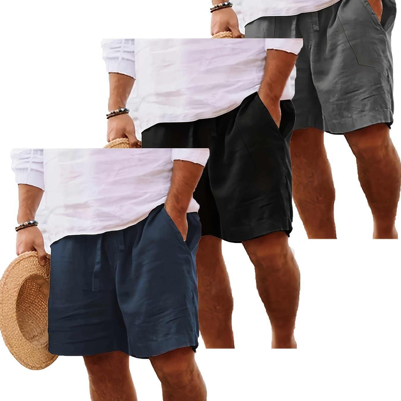 Men's Summer Cotton Drawstring Elastic Waist Straight-Leg Solid Color Breathable Casual Beach Shorts - 3pcs