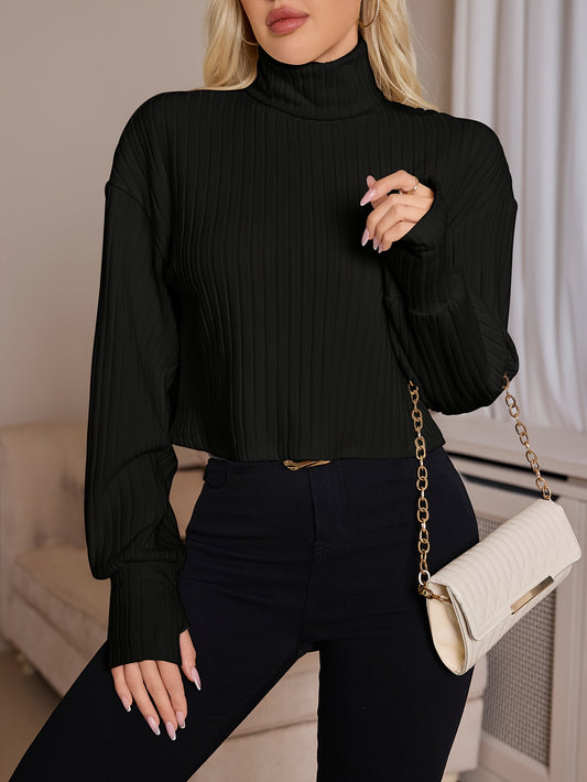 Women'S High Neck Knit Turtleneck T-Shirt, Solid Color Polyester 95% Spandex 5% Blend, Short Length, Fall/Winter Collection, 210g/m² Knit Fabric