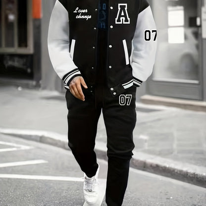 Men'S A07 Sporty Casual Baseball Outfit - Black & White "A" Print Jacket with Pockets, Matching Pants, Polyester Blend, Fall/Winter Wear, Casual Sportswear | Letter Print Jacket | Knit Construction, Baseball Attire