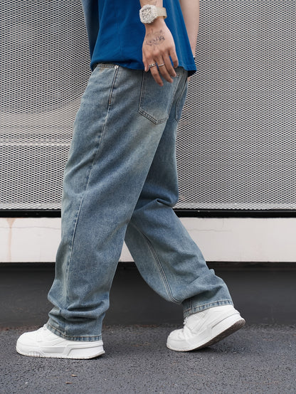 Men's Casual Straight-Leg Washed Denim Jeans - Light Blue, Loose Fit, Slant Pockets, Comfortable Blend for Casual Attire
