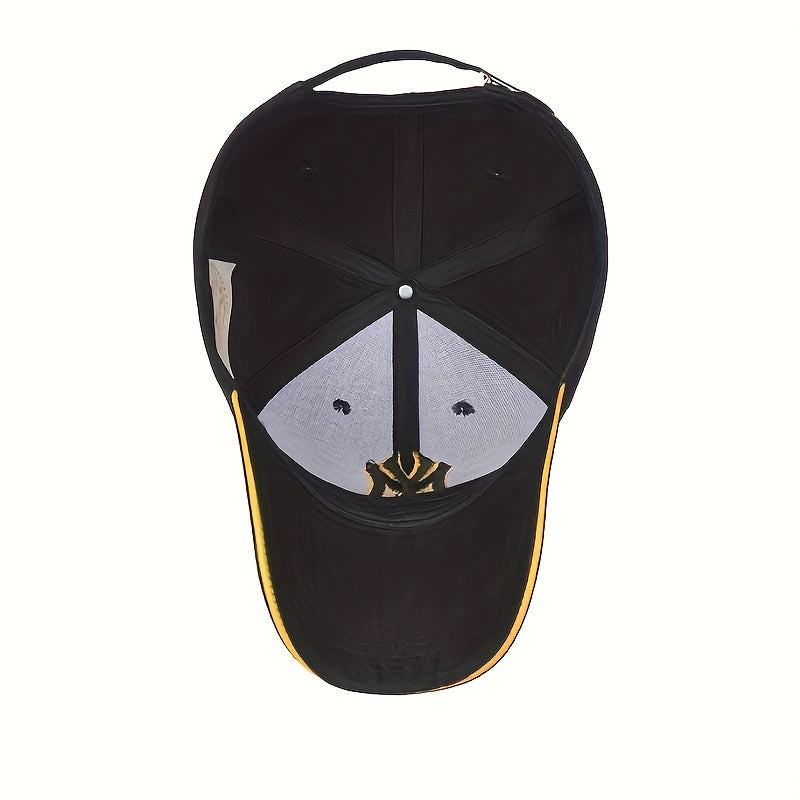 NY Embroidered Baseball Cap - Stylish Black Polyester Hat with Golden "NY" Design, Perfect for Spring & Fall Sports and Casual Wear, Casual Headwear | Embroidered Cap | Polyester Cap