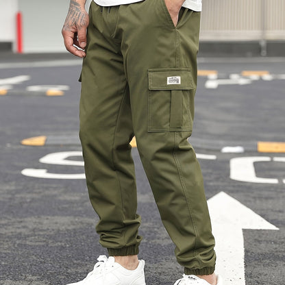 1pc Men'S Casual Polyester Cargo Pants - Mid Waist Elastic Joggers with Multiple Pockets, Non-Stretch Solid Color, Regular Fit for Weekend Wear - Spring/Fall Fashion Trousers