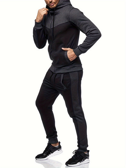 Men'S Casual Hoodie Set for Autumn And Winter, Featuring a Hooded Sweatshirt And a Sporty Cardigan in a Patchwork Design.