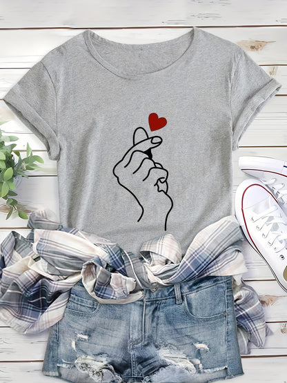 Heart Graphic Round Neck Sports T-shirt, Short Sleeve Running Casual Top, Women's Activewear