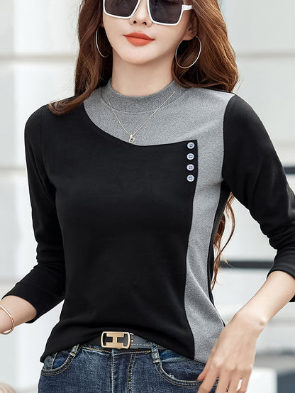 Women's Chic Color Block Casual Top - High Stretch Polyester & Elastane Blend, Button Detail, Machine Washable - Elegant Stand Collar, Long Sleeve, Beige & Brown