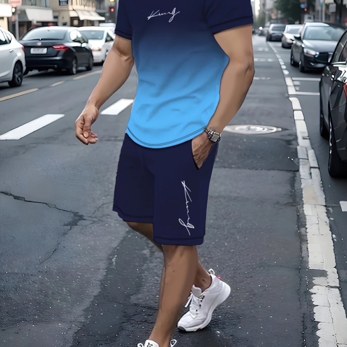 King Signature Men's Two-Piece Athletic Outfit: Graduated Color T-Shirt and Shorts - Summer Collection - High-Quality King Print - Men's Casual Sportswear - Middle East