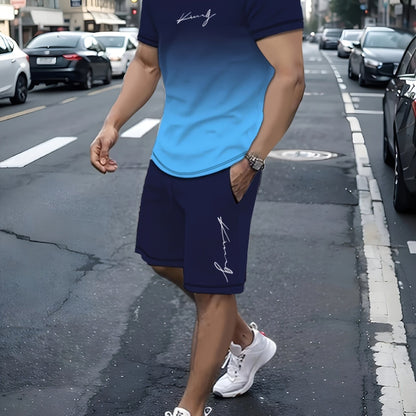 King Signature Men's Two-Piece Athletic Outfit: Graduated Color T-Shirt and Shorts - Summer Collection - High-Quality King Print - Men's Casual Sportswear - Middle East