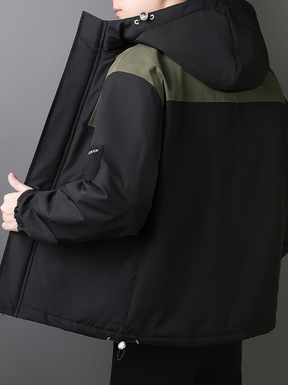 Men's Casual Hooded Windbreaker Jacket - Spring/Autumn Color Block Zip-Up Coat For Autumn Winter Outdoors