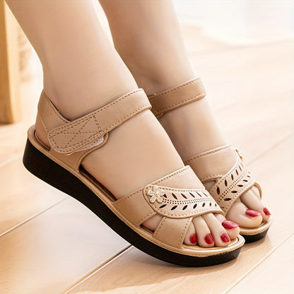 Women's Slip-On Sandals - Non-Slip Cushioned insoles, Beige/White - Low Heel Beach, Office, Everyday Shoes - Slip-Resistant Platform Footwear for Women, Ladies Shoes And Sandals, Crisscross Strap Design, Decorative Embellishm