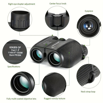 TD1025 Compact High-Quality Binoculars with 10x Magnification, 25mm Objective Lenses & Interchangeable Eyecups - Black Rubber Coated Optics for Bird Watching, Travel, Sports, Outdoor Observation, Binoculars for Bird Watching,