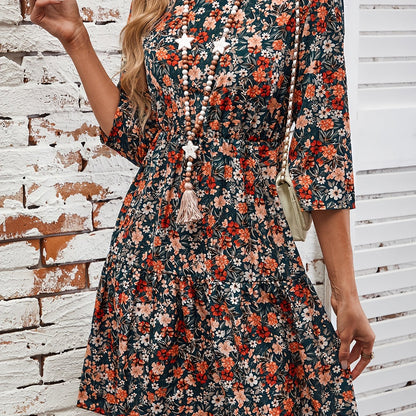 Elegant Floral Print Midi Dress for Women - Crew Neck, 3/4 Sleeve, A-Line with Ruffle Hem, Machine Washable - Perfect for Fall, for Autumn, Spring
