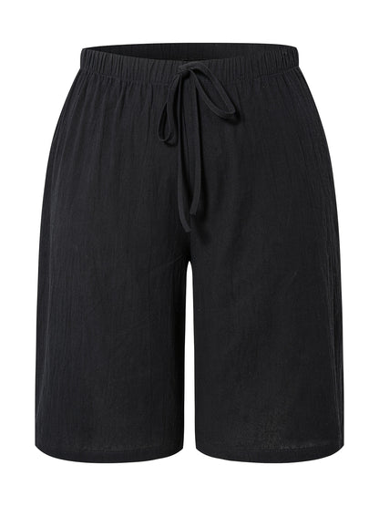 Women's Casual Solid Color Shorts with Faux Drawstring, Polyester, Machine Washable - All Seasons, Beach Pants, Leisure Style, ALL/Global/All